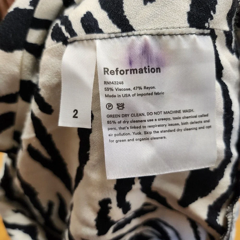 Reformation Black and Cream Zebra Print Puff Sleeve Blouse